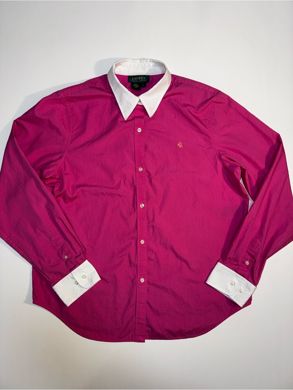 Lauren Ralph Lauren women’s L Pink Solid Cotton Point Collar Logo Dress Shirt
